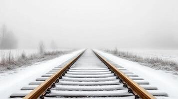 railway crossing in thick foggy countryside, evoking sense of mystery and solitude photo