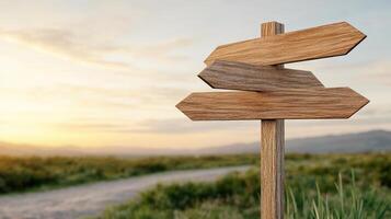 Rustic wooden road sign at crossroads in scenic landscape photo