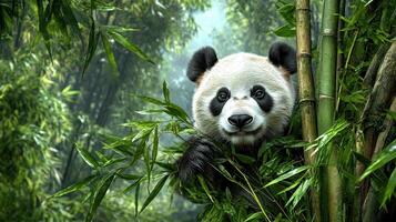 panda peeking through lush bamboo in serene forest setting photo