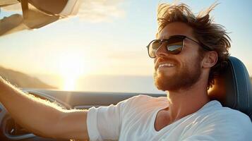 man enjoying sunset drive in convertible car, radiating happiness photo