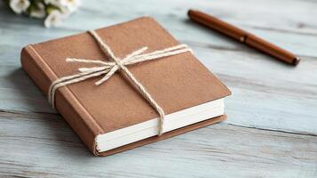 vintage inspired scrapbook with tied cover and pen nearby photo