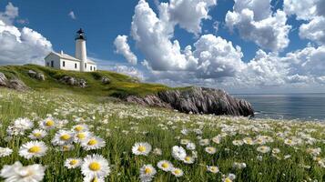 whimsical scene of lighthouse on grassy hill surrounded by flowers photo