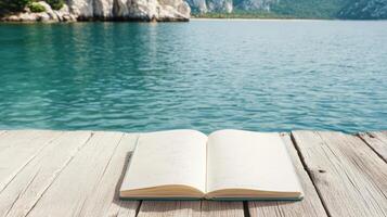 travel diary open on wooden dock by serene lake, inviting exploration photo