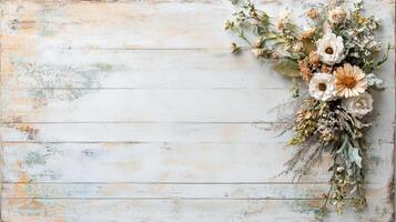 Whimsical scrapbook layout with pressed flowers on rustic background photo