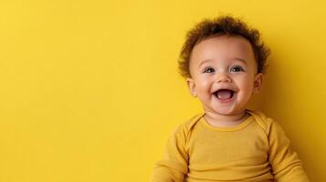Happy baby with curly hair on vibrant yellow background, expressing joy photo