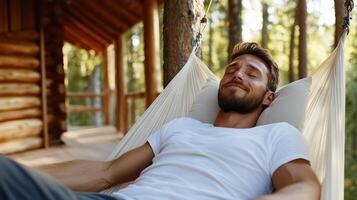 backpacker relaxing in hammock surrounded by trees, enjoying nature photo