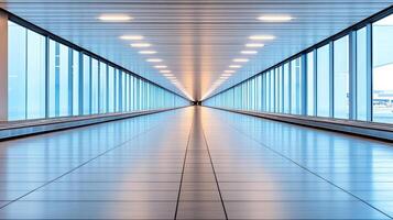 dramatic shot of empty airport walkway leading to horizon photo
