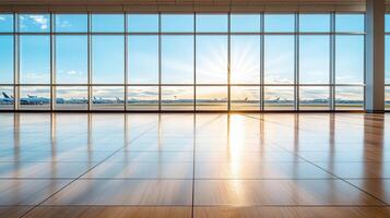 serene view of empty airport terminal at dawn, with sunlight streaming through large windows photo