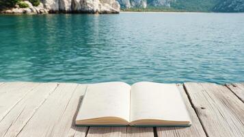 whimsical travel diary spread open on wooden dock by serene water photo
