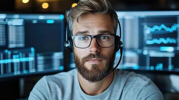 trader with headset analyzing live financial news in modern office photo