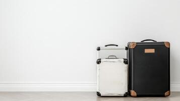 Minimalist aesthetic with two vintage suitcases against plain wall photo