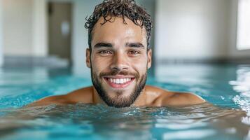man smiling in lap pool, enjoying refreshing swim and focused on fitness photo