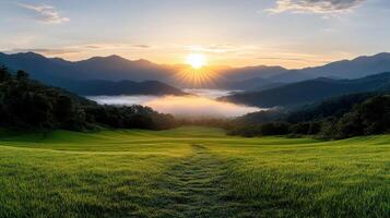 serene sunrise over misty valley with rolling hills and rice paddies photo