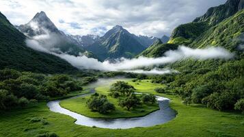 serene landscape featuring winding river through lush green valleys and mountains photo