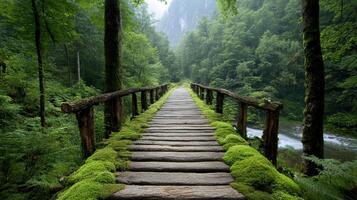 rustic wooden bridge covered in moss leads through lush forest photo