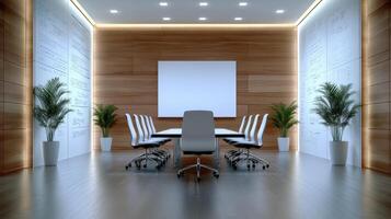 softly lit corporate space featuring empty boardroom with plants photo