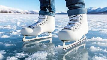 Gliding on ice, skater showcases white skates on frozen lake photo
