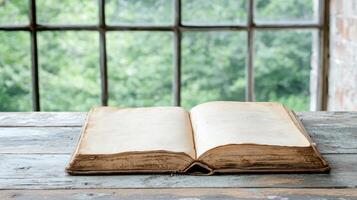 open book rests on rustic wooden table near window, inviting curiosity photo