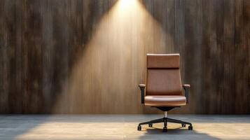 modern office chair illuminated in dimly lit room with wooden walls photo