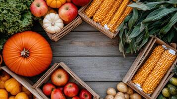 Fresh fruits and vegetables arranged in wooden crates on table photo