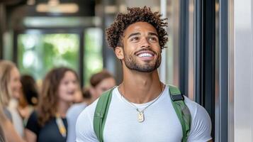 young man with curly hair smiles brightly in busy hallway photo