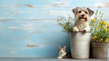 dog in pot with cat nearby, surrounded by flowers and blue background photo