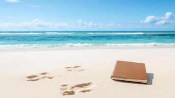 passport rests on sandy beach footprints, evoking travel dreams photo