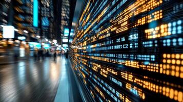 Dynamic trading environment with illuminated data displays and blurred figures photo