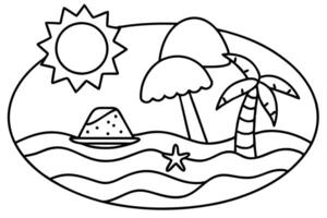 Line art of a summer beach with palm tree, sun, umbrella and starfish vector