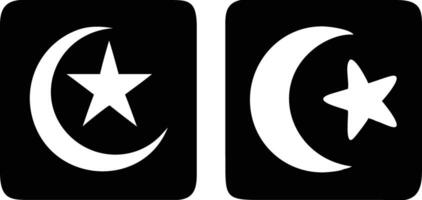 Crescent Moon and Star Icons, White Shapes on Rounded Black Square Backgrounds vector