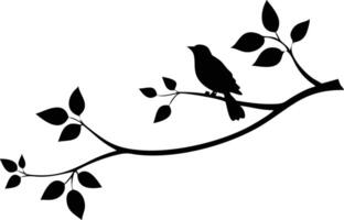 Bird Perched on Branch Silhouette with Leaves on White Background Minimalist vector