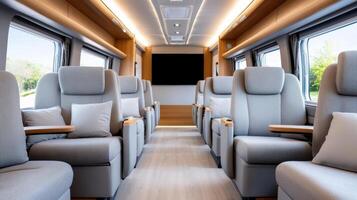Luxurious airport shuttle bus interior with comfortable seating and modern design photo