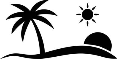 Black Silhouette of Beach with Palm Tree, Ocean Wave, and Sun with Rays Icon vector