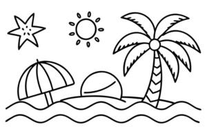 Beach Scenery Outline with Palm Tree, Sun, Starfish, Umbrella in Line Art Style vector