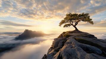 serene landscape featuring lone tree on rocky outcrop, with misty mountain backdrop at sunrise photo