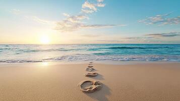peaceful moment at dusk with footprints on sandy beach photo