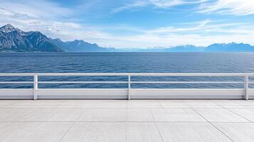 panoramic view from ferry deck overlooking mountains and ocean photo
