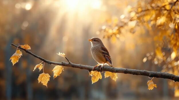 bird perched on branch surrounded by autumn leaves, basking in sunlight photo