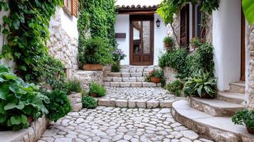 charming cobblestone street lined with lush greenery and flowers photo