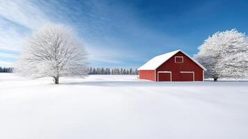 serene snowy landscape features single red barn and frosty trees photo