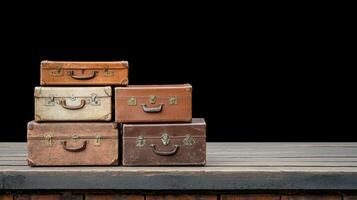 Vintage suitcases stacked on wooden platform against black background photo