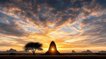 stunning silhouette of ancient temple at sunset, with vibrant clouds photo