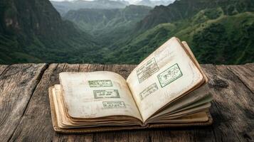 open travel journal with stamps on wooden table overlooking lush valley photo
