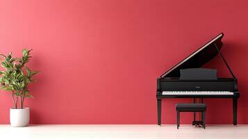 classic black piano against rich burgundy wall, creating elegance photo