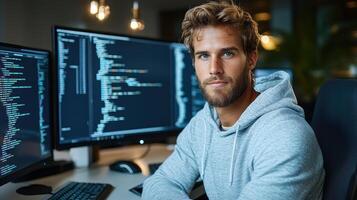 focused young man in hoodie working on coding projects at dual monitors photo
