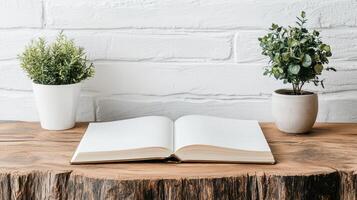 open book rests on wooden table, surrounded by potted plants photo