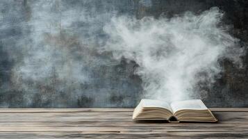 surreal image of open book with smoke rising from its pages, evoking mystery and imagination photo