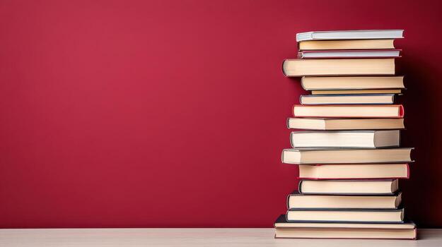 stack of books on rich burgundy background, showcasing knowledge and learning photo