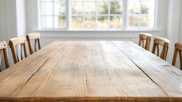 weathered farmhouse dining table with visible scratches and worn texture photo