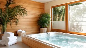 Relaxing spa with hot tub, wooden walls, and lush greenery photo